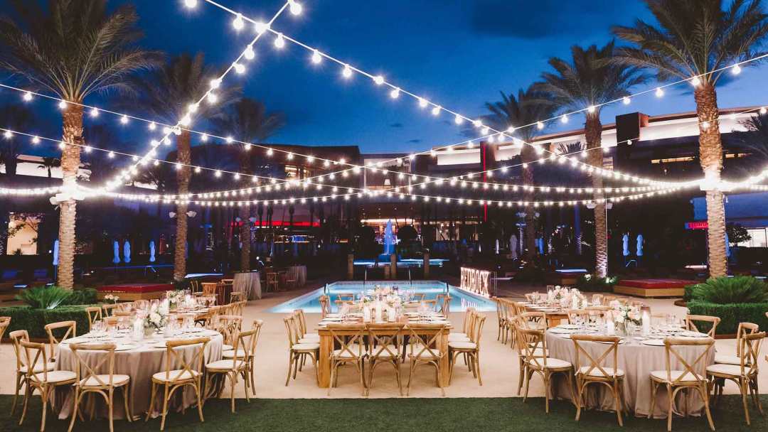 Poolside Dinner with String Lights