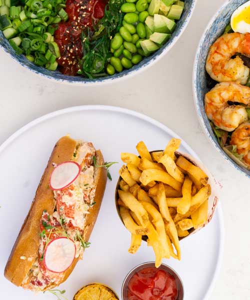 Tuna Poke Bowl, Lobster Roll, Shrimp Avocado Salad at Sandbar Grill